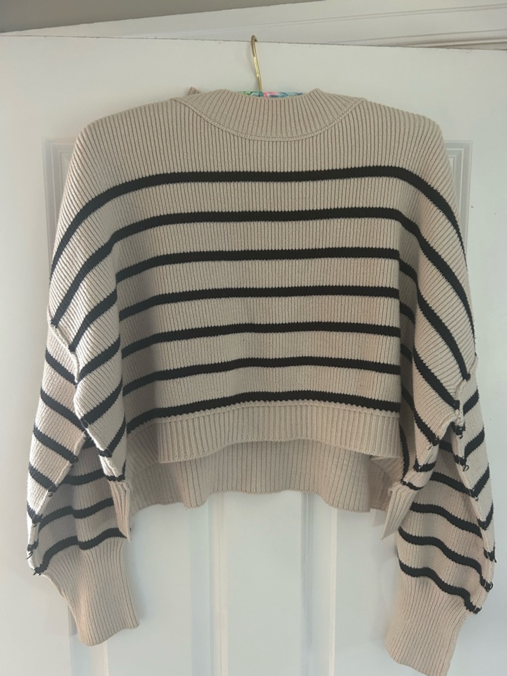 Free People- Beige and Black Striped Cropped Sweater - Women's small
